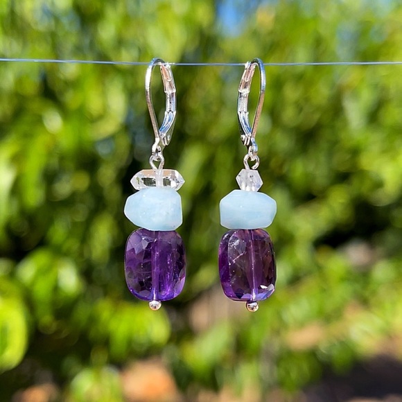 Genuine Amethyst, Aquamarine & Herkimer Diamond Earrings! - Picture 5 of 6